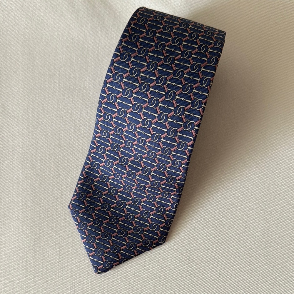 Hermes blue and brown equestrian Patterned silk tie